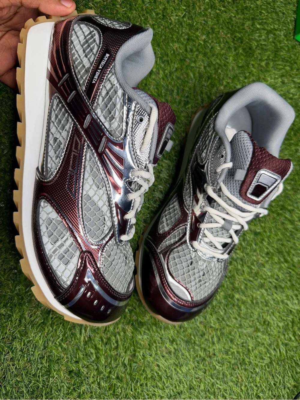 Bottega Veneta Men’s Metallic Burgundy & Silver Sneakers with Gum Sole